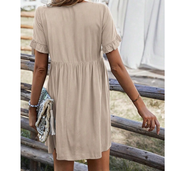 Boho Khaki Button Detail Ruffle Short Sleeve Mini Dress - Picture 6 of 9
